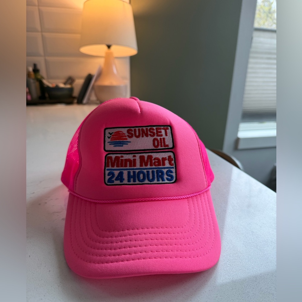 Sunset Oil Mini Mart 24 Hours Pink Roped Trucker Hat